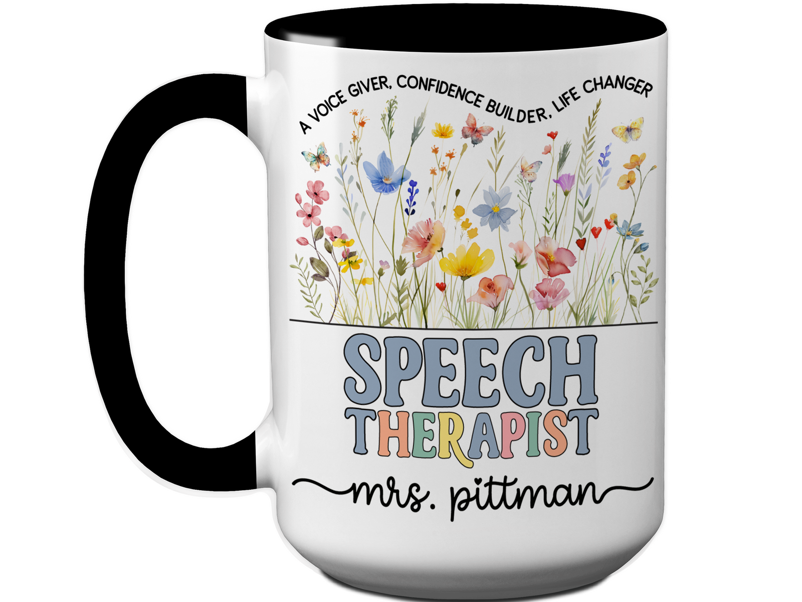 Personalized Speech Therapist Mug – Wildflower Custom Name Cup – Unique Speech Therapist Appreciation Gifts
