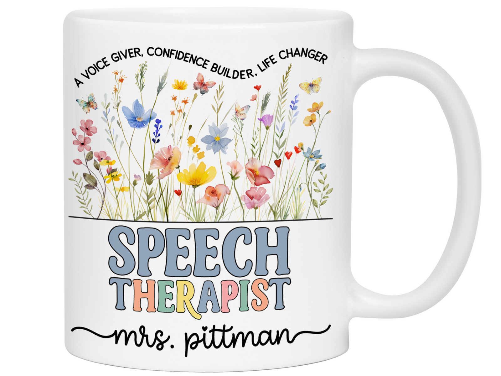 Personalized Speech Therapist Mug – Wildflower Custom Name Cup – Unique Speech Therapist Appreciation Gifts