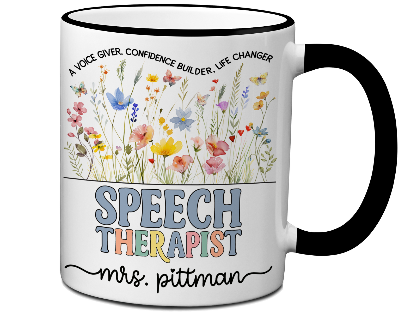 Personalized Speech Therapist Mug – Wildflower Custom Name Cup – Unique Speech Therapist Appreciation Gifts
