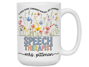 Personalized Speech Therapist Mug – Wildflower Custom Name Cup – Unique Speech Therapist Appreciation Gifts