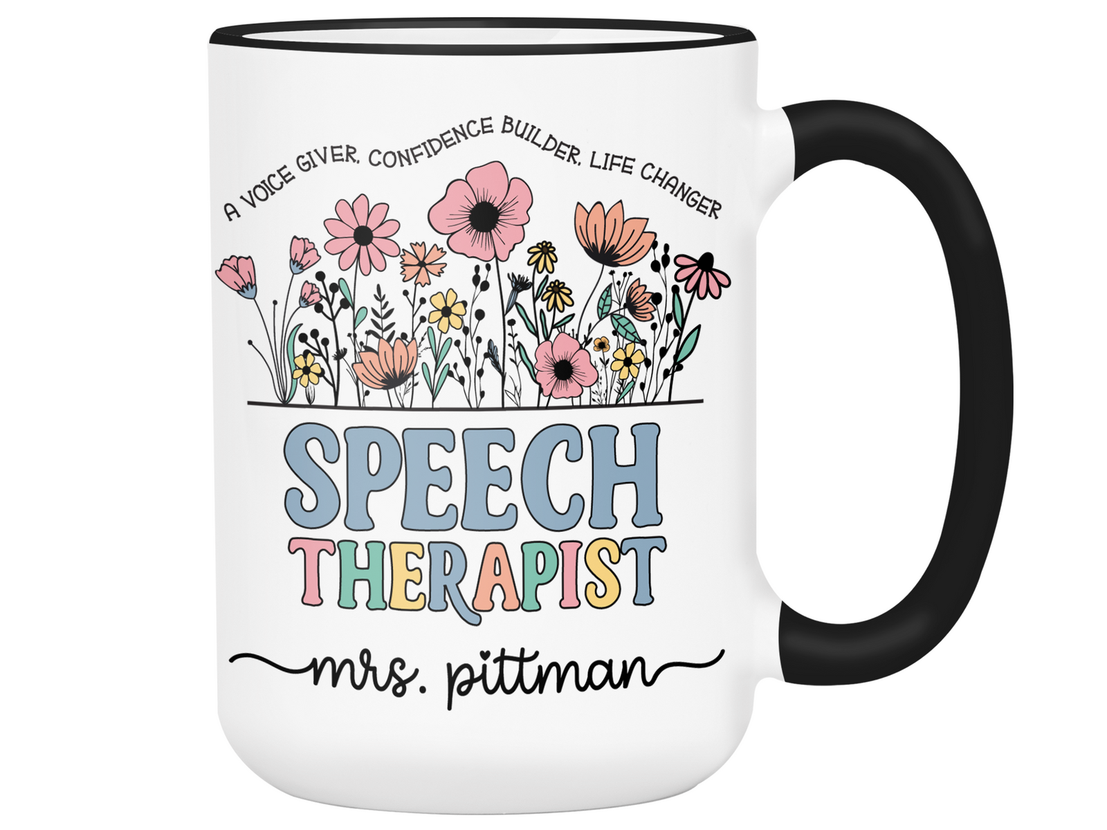 Personalized Speech Therapist Mug – Wildflower Custom Name Cup – Unique Speech Therapist Appreciation Gift