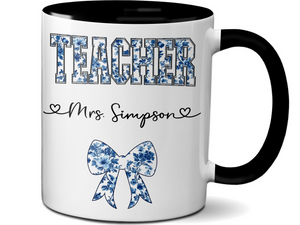 Personalized Teacher Mug – Blue Chinoiserie Flower Pattern with Custom Name & Bow – Unique Teacher Appreciation Gift