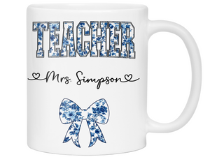 Personalized Teacher Mug – Blue Chinoiserie Flower Pattern with Custom Name & Bow – Unique Teacher Appreciation Gift