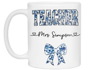Personalized Teacher Mug – Blue Chinoiserie Flower Pattern with Custom Name & Bow – Unique Teacher Appreciation Gift