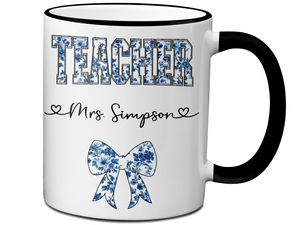 Personalized Teacher Mug – Blue Chinoiserie Flower Pattern with Custom Name & Bow – Unique Teacher Appreciation Gift
