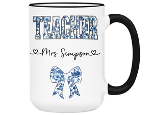 Personalized Teacher Mug – Blue Chinoiserie Flower Pattern with Custom Name & Bow – Unique Teacher Appreciation Gift