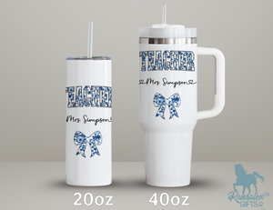 Personalized Teacher Tumbler – Blue Chinoiserie Flower Pattern with Custom Name & Bow – Unique Teacher Gift