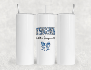 Personalized Teacher Tumbler – Blue Chinoiserie Flower Pattern with Custom Name & Bow – Unique Teacher Gift
