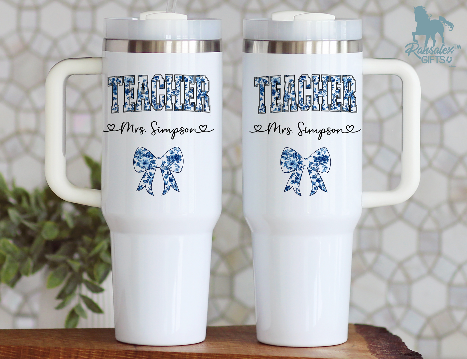 Personalized Teacher Tumbler – Blue Chinoiserie Flower Pattern with Custom Name & Bow – Unique Teacher Gift