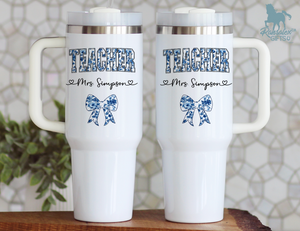Personalized Teacher Tumbler – Blue Chinoiserie Flower Pattern with Custom Name & Bow – Unique Teacher Gift