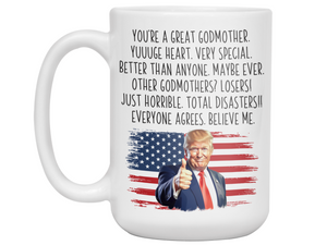 Funny Trump Godmother Mug – Humorous Appreciation Gift for Godmothers – Baptism, Christening, or Proposal Gift