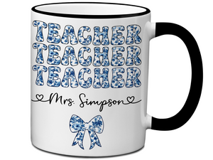 Personalized Teacher Mug – Blue Chinoiserie Flower Pattern with Custom Name & Bow – Teacher Appreciation Gift V3
