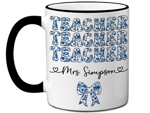 Personalized Teacher Mug – Blue Chinoiserie Flower Pattern with Custom Name & Bow – Teacher Appreciation Gift V3