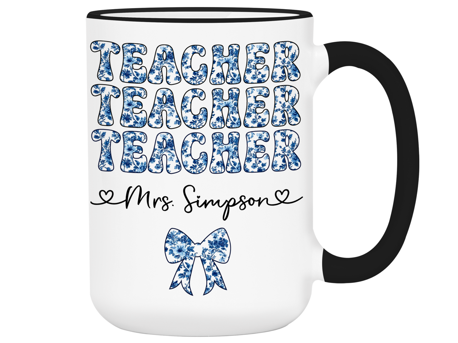 Personalized Teacher Mug – Blue Chinoiserie Flower Pattern with Custom Name & Bow – Teacher Appreciation Gift V3