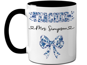 Personalized Teacher Mug – Blue Chinoiserie Flower Pattern with Custom Name & Bow – Teacher Appreciation Gift