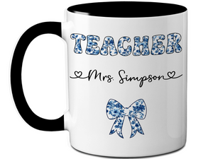 Personalized Teacher Mug – Blue Chinoiserie Flower Pattern with Custom Name & Bow – Teacher Appreciation Gift V2