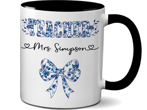 Personalized Teacher Mug – Blue Chinoiserie Flower Pattern with Custom Name & Bow – Teacher Appreciation Gift