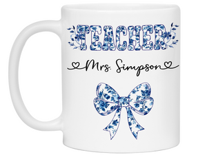 Personalized Teacher Mug – Blue Chinoiserie Flower Pattern with Custom Name & Bow – Teacher Appreciation Gift