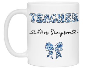 Personalized Teacher Mug – Blue Chinoiserie Flower Pattern with Custom Name & Bow – Teacher Appreciation Gift V2