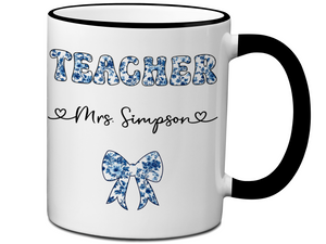 Personalized Teacher Mug – Blue Chinoiserie Flower Pattern with Custom Name & Bow – Teacher Appreciation Gift V2