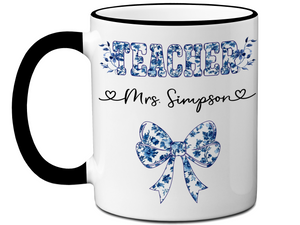 Personalized Teacher Mug – Blue Chinoiserie Flower Pattern with Custom Name & Bow – Teacher Appreciation Gift