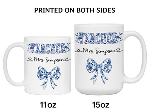 Personalized Teacher Mug – Blue Chinoiserie Flower Pattern with Custom Name & Bow – Teacher Appreciation Gift