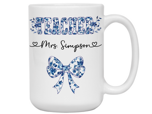Personalized Teacher Mug – Blue Chinoiserie Flower Pattern with Custom Name & Bow – Teacher Appreciation Gift