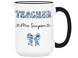 Personalized Teacher Mug – Blue Chinoiserie Flower Pattern with Custom Name & Bow – Teacher Appreciation Gift V2