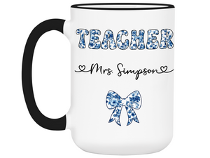 Personalized Teacher Mug – Blue Chinoiserie Flower Pattern with Custom Name & Bow – Teacher Appreciation Gift V2
