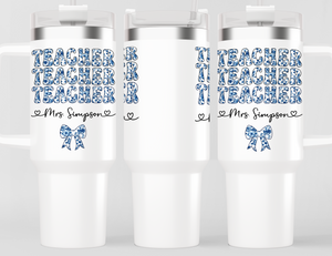 Personalized Teacher Tumbler | Chinoiserie Pattern & Coquette | Custom Name Stainless Steel Tumbler | Teacher Gift Idea (V3)