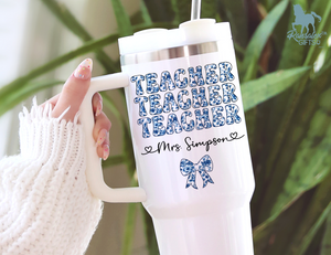 Personalized Teacher Tumbler | Chinoiserie Pattern & Coquette | Custom Name Stainless Steel Tumbler | Teacher Gift Idea (V3)