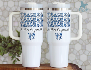 Personalized Teacher Tumbler | Chinoiserie Pattern & Coquette | Custom Name Stainless Steel Tumbler | Teacher Gift Idea (V3)