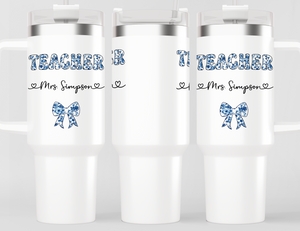 Personalized Teacher Tumbler | Chinoiserie Pattern & Coquette | Custom Name Stainless Steel Tumbler | Teacher Gift Idea