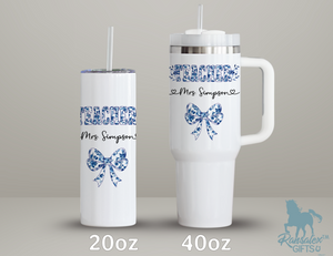 Personalized Teacher Tumbler | Chinoiserie Pattern & Coquette | Custom Name Stainless Steel Tumbler | Gift for Teachers