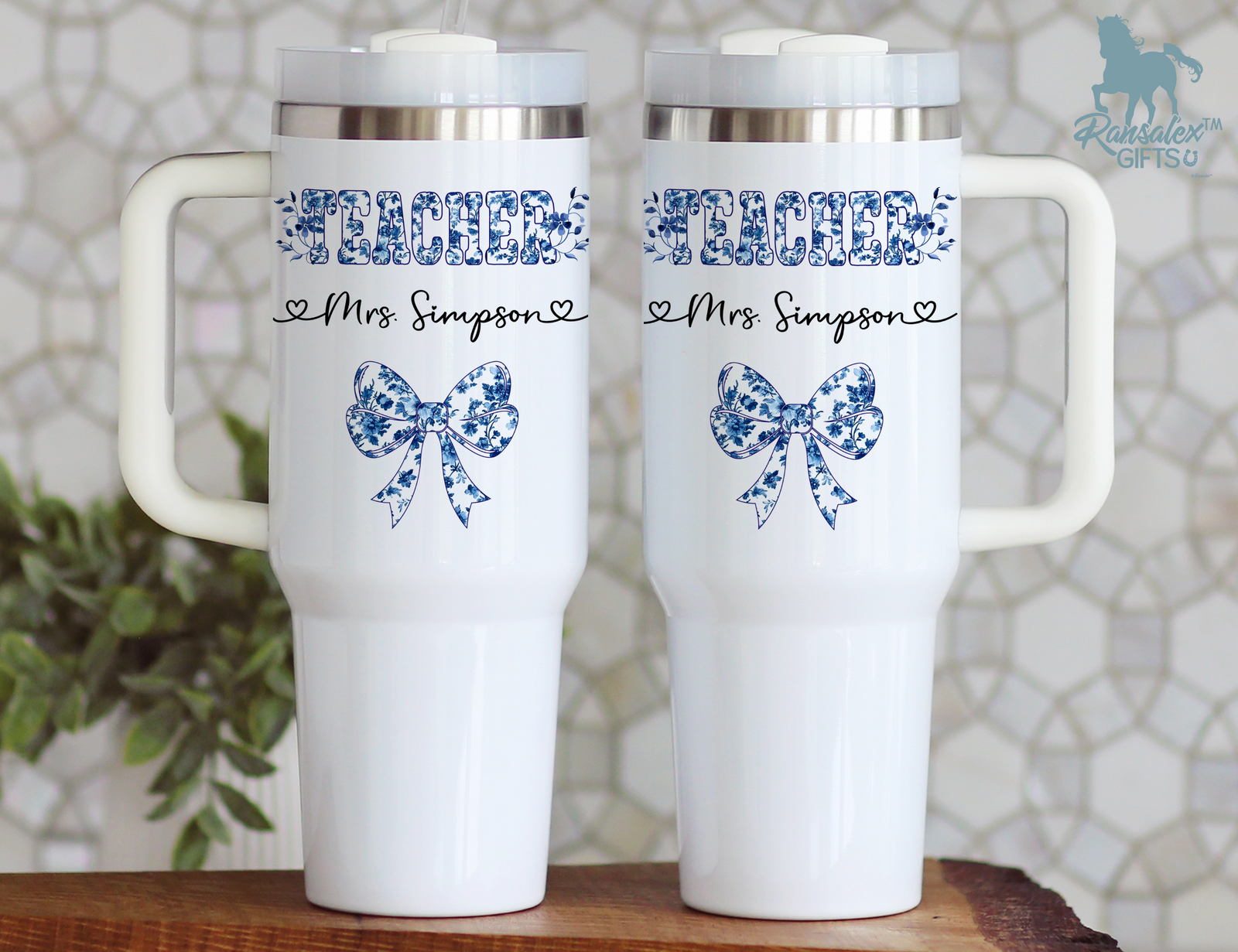 Personalized Teacher Tumbler | Chinoiserie Pattern & Coquette | Custom Name Stainless Steel Tumbler | Gift for Teachers
