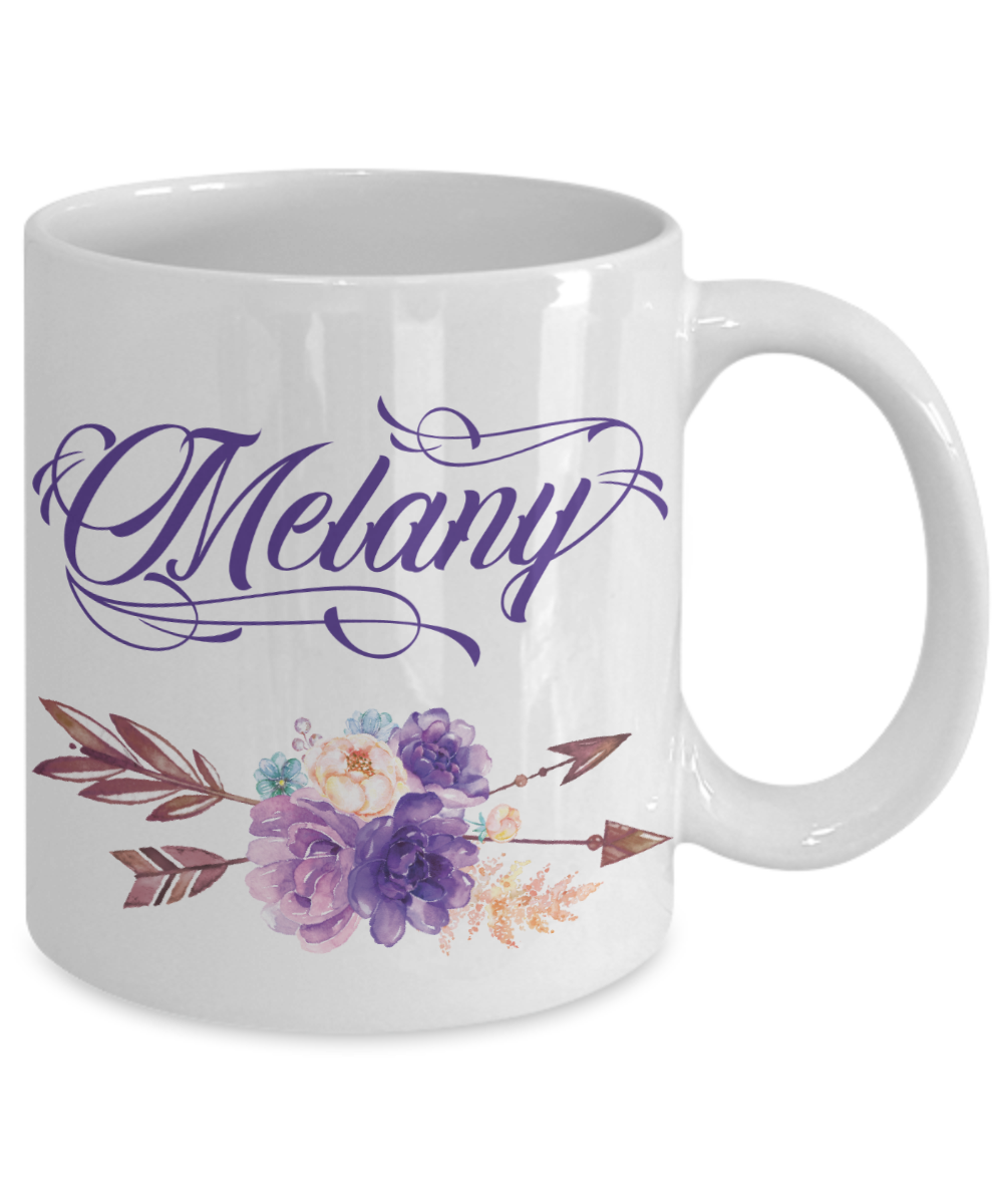 Custom Name Coffee Mug Tea Cup Boho Style Flowers/Arrows/Purple Color