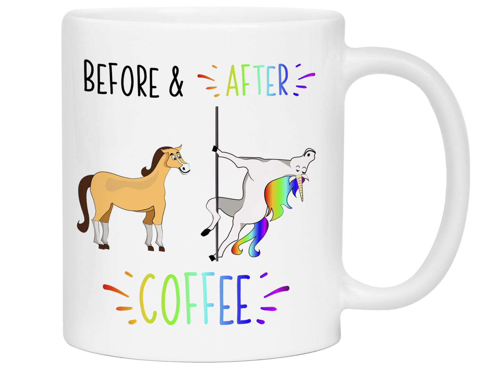 Funny Before and After Coffee Mug - Coffee Lover Unicorn vs Horse Gag Gift