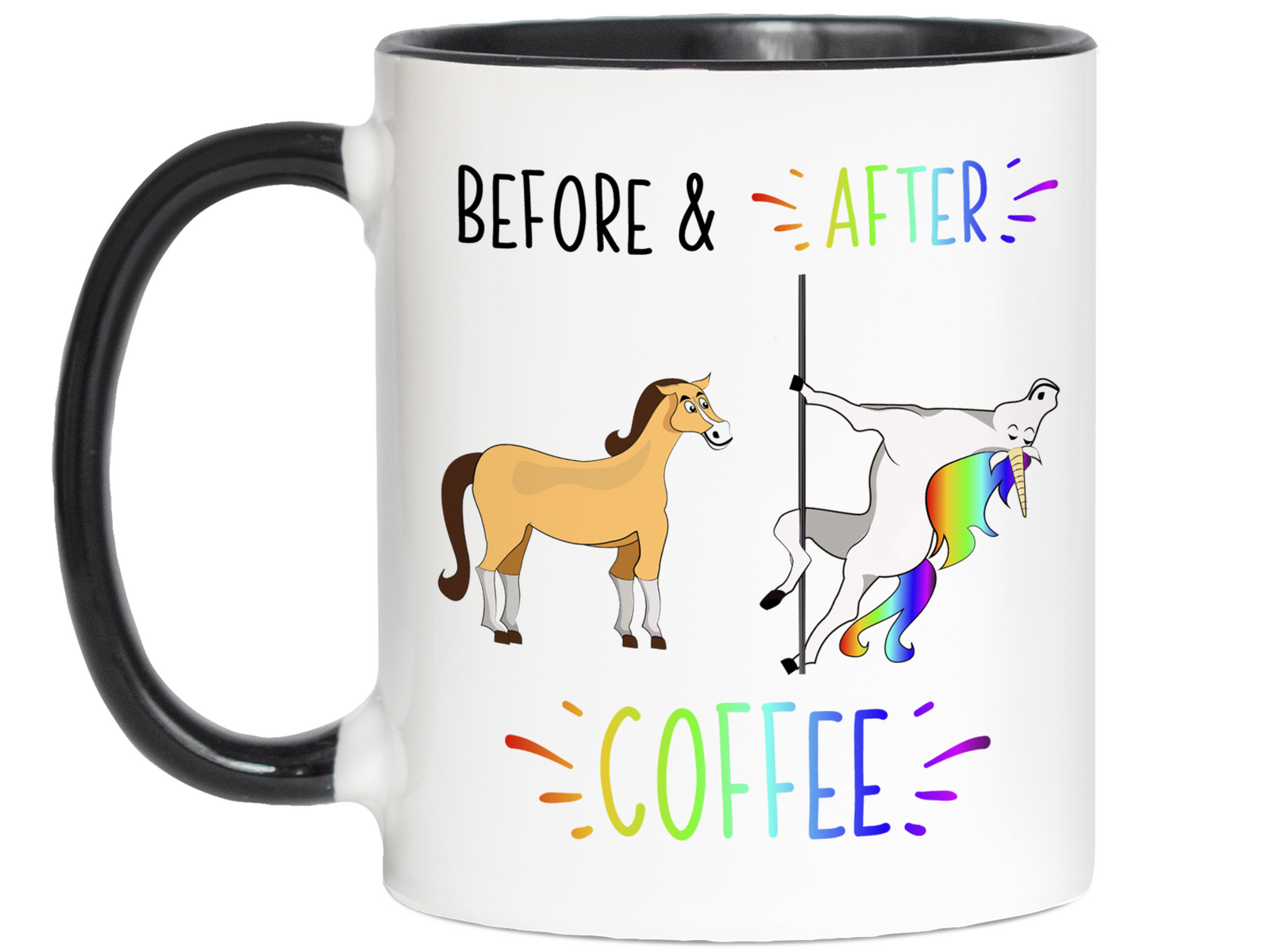 Funny Before and After Coffee Mug - Coffee Lover Unicorn vs Horse Gag Gift