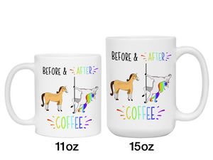 Funny Before and After Coffee Mug - Coffee Lover Unicorn vs Horse Gag Gift