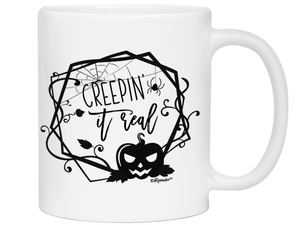 Creepin' it Real Funny Halloween Coffee Mug - Spooky Pumpkin & Spiders Graphic