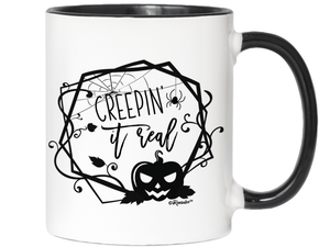 Creepin' it Real Funny Halloween Coffee Mug - Spooky Pumpkin & Spiders Graphic