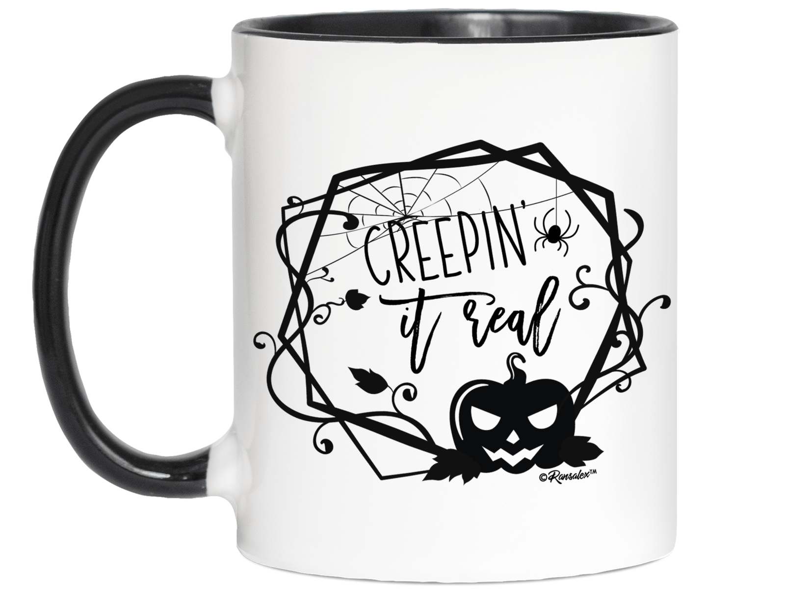 Creepin' it Real Funny Halloween Coffee Mug - Spooky Pumpkin & Spiders Graphic