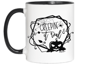 Creepin' it Real Funny Halloween Coffee Mug - Spooky Pumpkin & Spiders Graphic