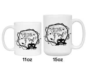 Creepin' it Real Funny Halloween Coffee Mug - Spooky Pumpkin & Spiders Graphic