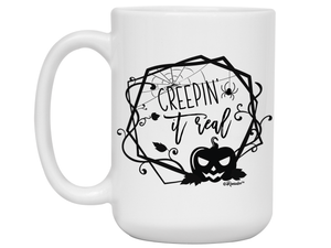 Creepin' it Real Funny Halloween Coffee Mug - Spooky Pumpkin & Spiders Graphic