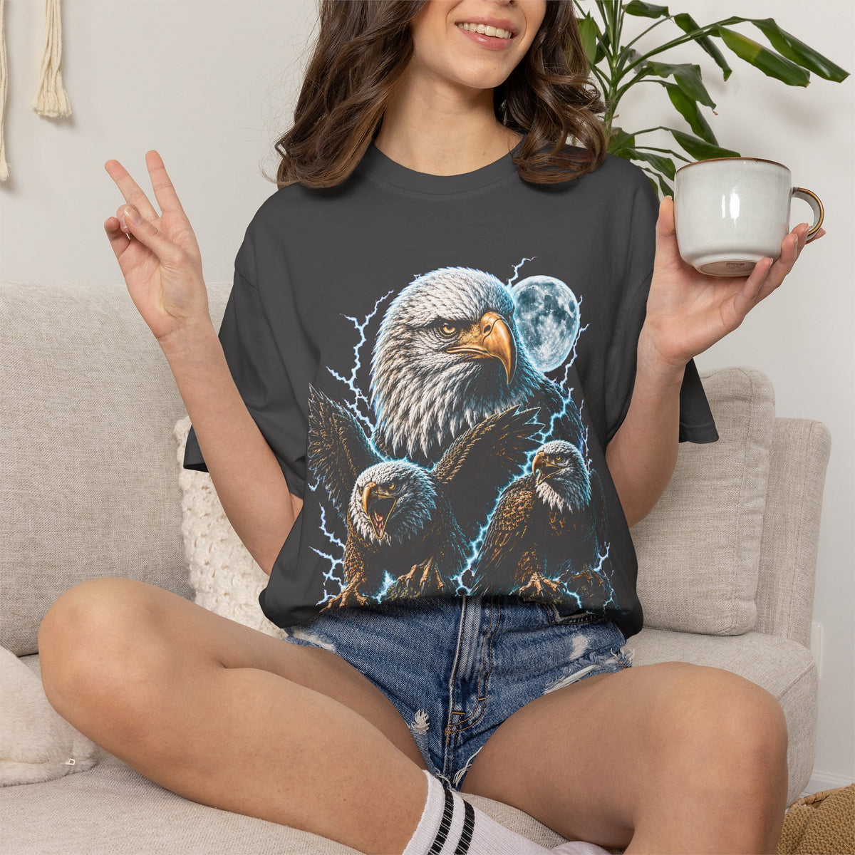Three Bald Eagles Moon Shirt – Lightning Graphic Tee