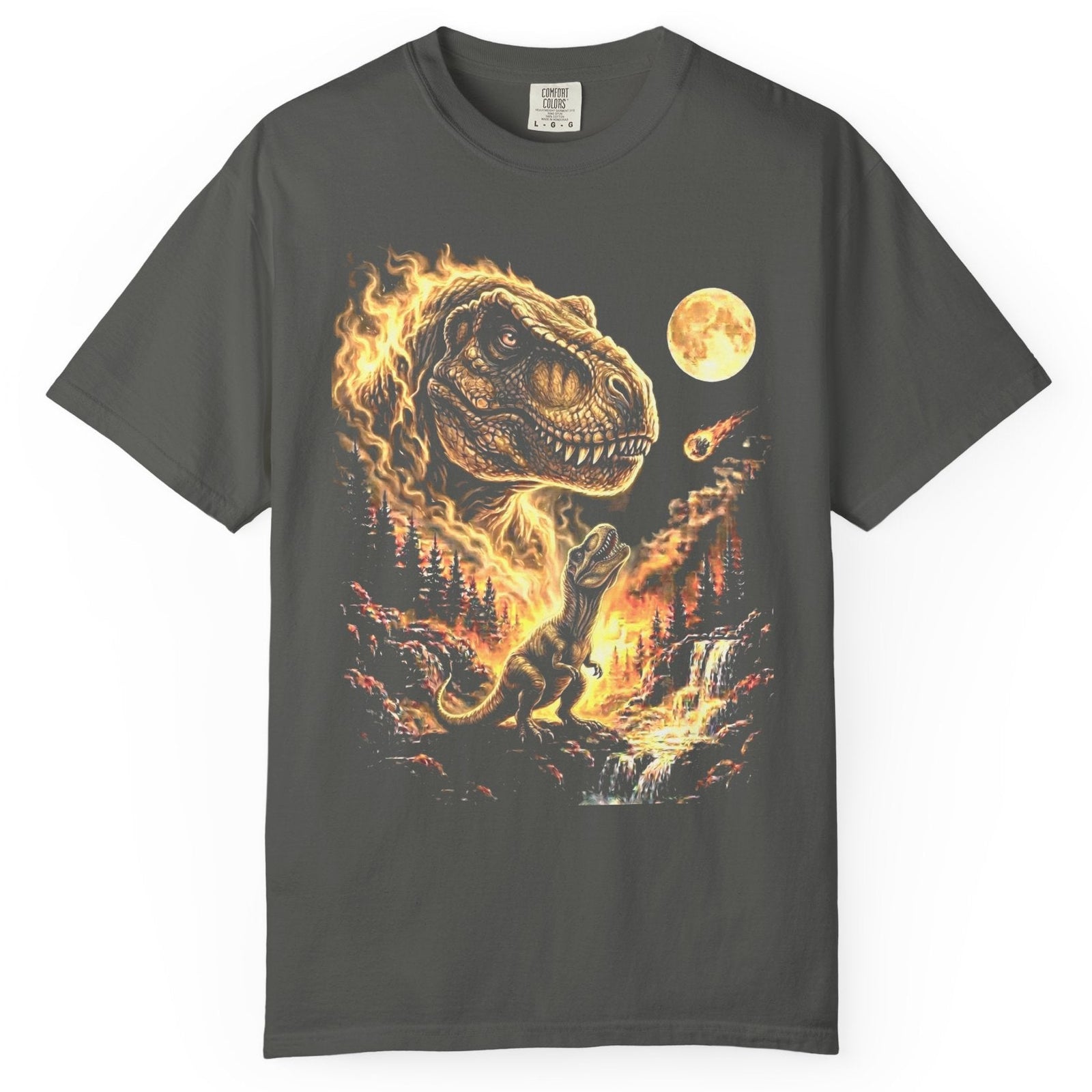 A dark gray crewneck t-shirt featuring a graphic print of a T-Rex dinosaur engulfed in flames, with a large fiery moon in the background.