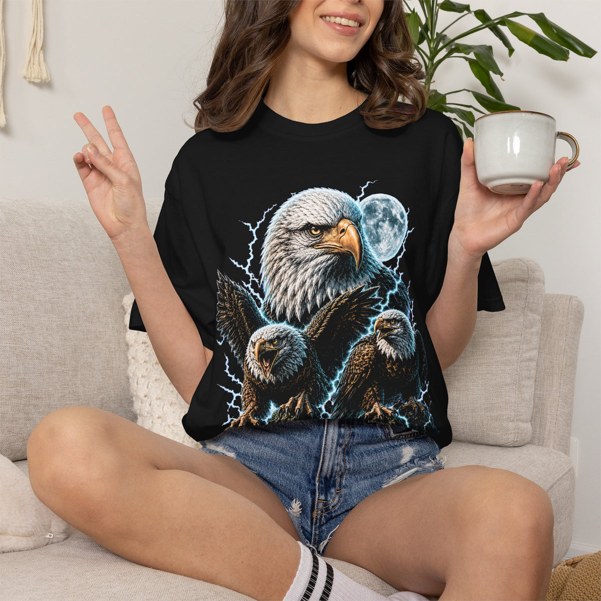 Three Bald Eagles Moon Shirt – Lightning Graphic Tee