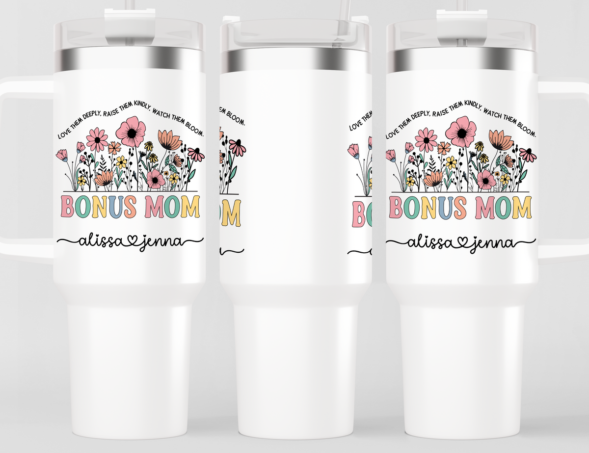 Personalized Bonus Mom Tumbler – Wild Flowers Kids' Custom Name – Unique Bonus Mom Travel Cup - Mother's Day Gift
