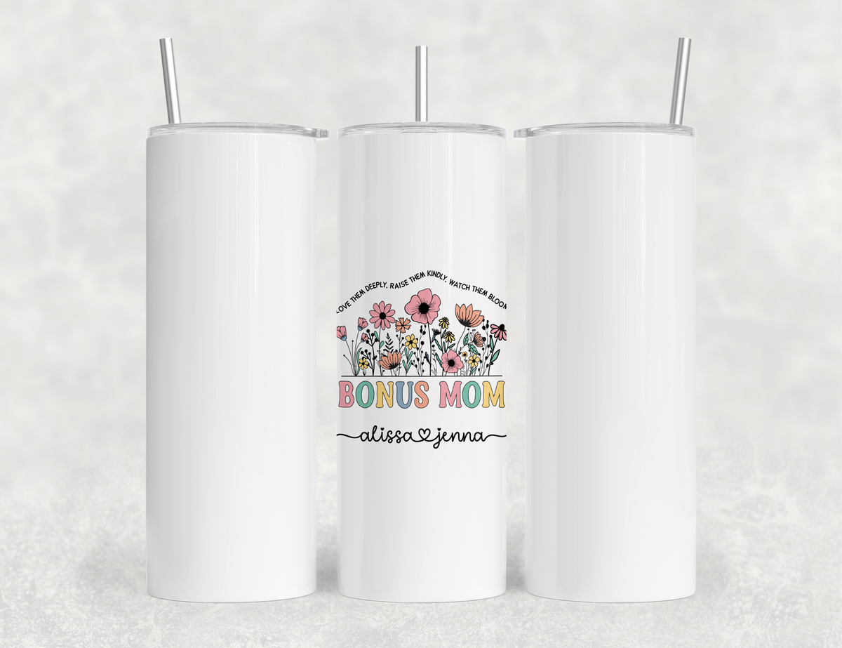 Personalized Bonus Mom Tumbler – Wild Flowers Kids' Custom Name – Unique Bonus Mom Travel Cup - Mother's Day Gift